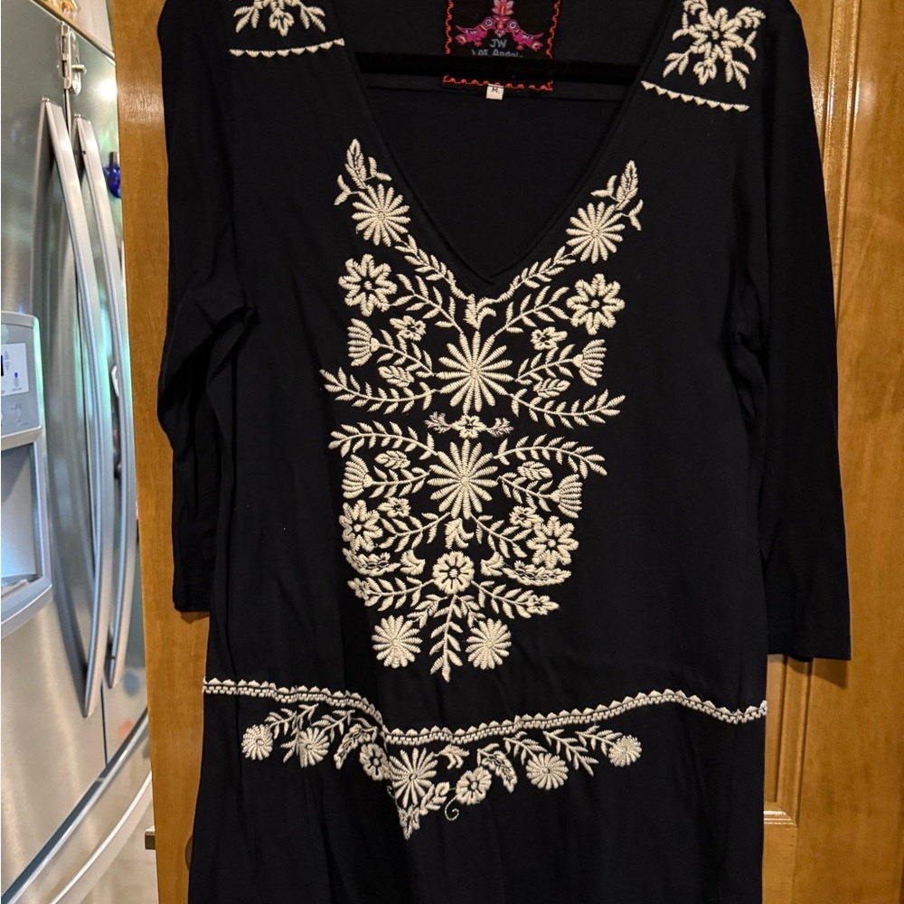 Johnny Was Black Dress with White Embroidery